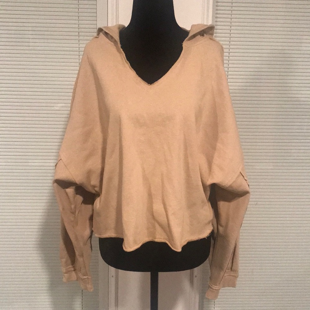 Easel Grunge Hoodie V-Neck Tan Boxy Fit Raw Unfinished Seams New Medium